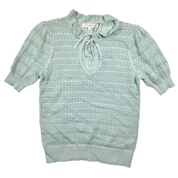 LOFT Sweaters - Loft Blue Pointelle Tie Neck Knit 1/2 Puff Sleeve Sweater Women's Size Small